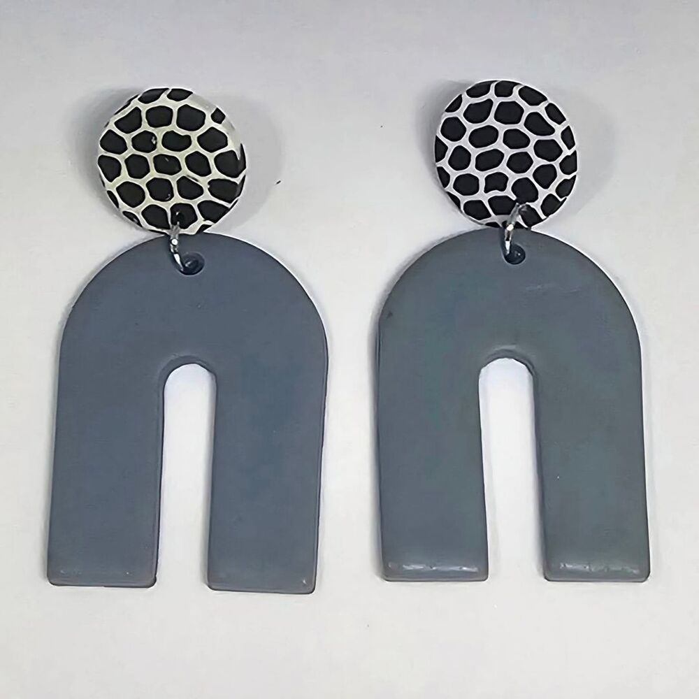 Modern Elegance: Gray Arch Earrings with Black & White Polka Dots (New)